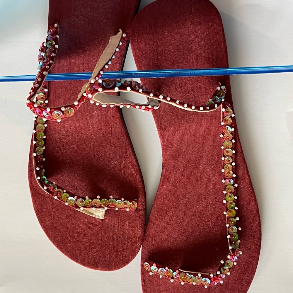 Elegant Red Beaded Sequined Flat Sandals